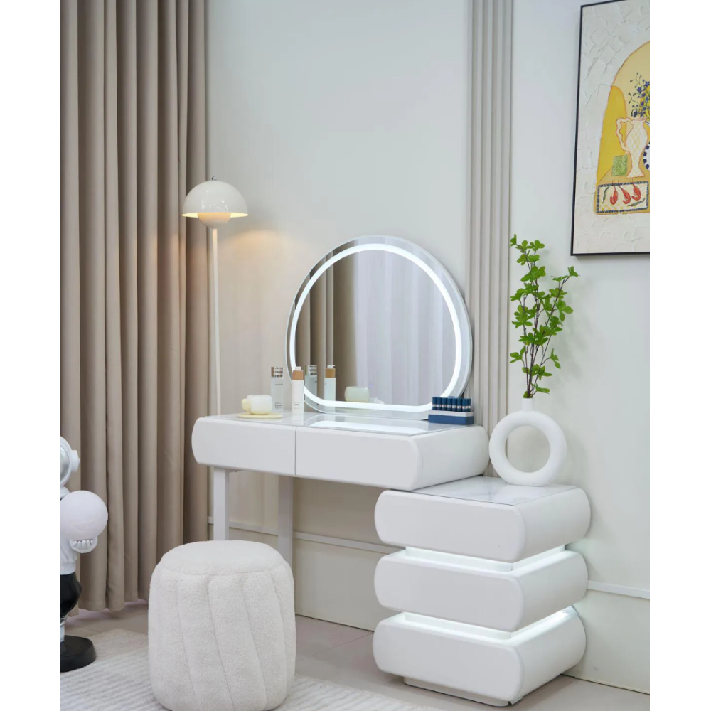 Meuble Rangement Cosmétiques LED Avec Miroir LED Hollywood - 5 Tiroirs Verre Trempé 105x40x140cm Coiffeuse Blanche