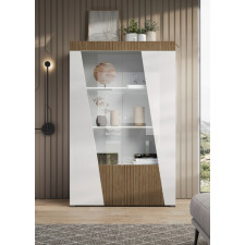 VITRINE ETNA 2PORTES BLANC LAQUE DECOR BOIS