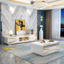 MEUBLE TV 90303  BLANC LAQUE ET DORE