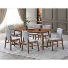 TABLE A MANGER EN BOIS ROBINSON + 6 CHAISES EN BOIS TISSU GRIS