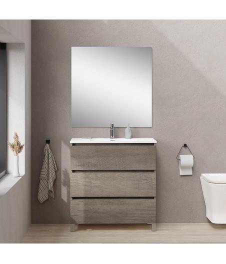 MEUBLE SALLE DE BAIN SIMPLE VASQUE AVEC MIROIR - BORDEUS-PIED-80 - GRIS