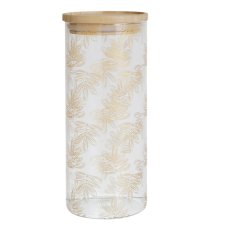 POT FLAURAL DORE EN VERRE AVEC COUVERCLE EN BAMBOU D9.5XH21CM
