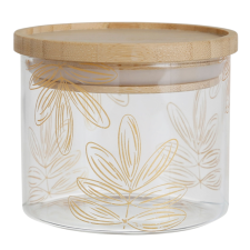 POT FLAURAL DORÉ EN VERRE AVEC COUVERCLE EN BAMBOU D9.5XH7CM