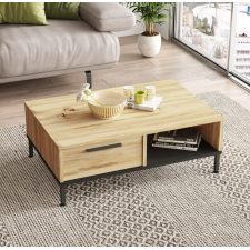 TABLE BASSE LV18-KL - 1 TIROIR - 1 NICHE - BOIS CLAIR/METAL NOIR