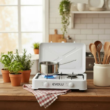 RECHAUD A GAZ EVOLU JK-002SC-CE-BLANC 2 FEUX AVEC COUVERCLE BLANC