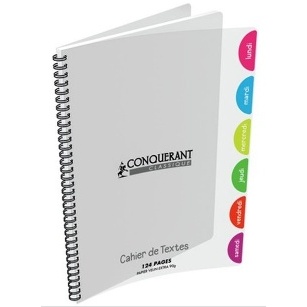 CAHIER DE TEXTES 124 PAGES 170x220 POLYPRO INCOLORE CONQUERANT