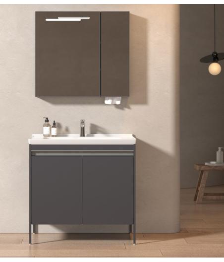 MEUBLE SALLE DE BAIN SIMPLE VASQUE AVEC MIROIR LED - TEJEN-GRIS-80