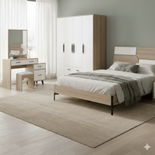 CHAMBRE A COUCHER COIFFEUSE+ARMOIRE 4 PORTES BOIS CLAIR/BLANC