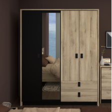 ARMOIRE KIERAN 4 PORTES ET 2 TIROIRS + MIROIR CHENE ET NOIR