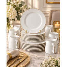 SERVICE DE TABLE FLORAL 18 PIÈCES BLANC ET DORÉ
