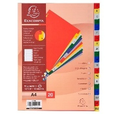 INTERCALAIRES - A4 ALPHABÉTIQUES A - Z , 20 POSITIONS POLYPROPYLÉNE. DIMENSIONS 225X297 MM . ASSORTIMENT DE COULEURS.