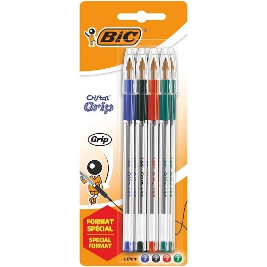 LOT DE 8 STYLOS BILLE - COULEURS CLASSIQUES - CRISTAL GRIP - POINTE MOYENNE - BIC