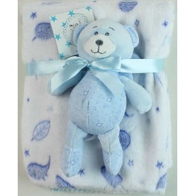 OURS EN PELUCHE+COUVERTURE BLEUE TOM AND KIDDY 90X60 CM