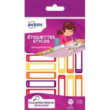 30 ETIQUETTES STYLOS BLANCHES AVEC BORDURE JAUNE  - 50 X 10 MM
