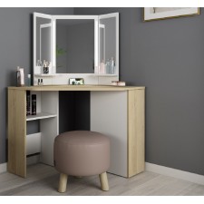 COIFFEUSE D'ANGLE AVEC MIROIR TRIPTYQUE BLANCHE ET SONOMA