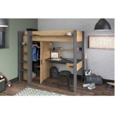 LIT COMBINE 2380LSUR MEZZANINE AVEC RANGEMENTS 90X200CM DECOR CHENE GRIS
