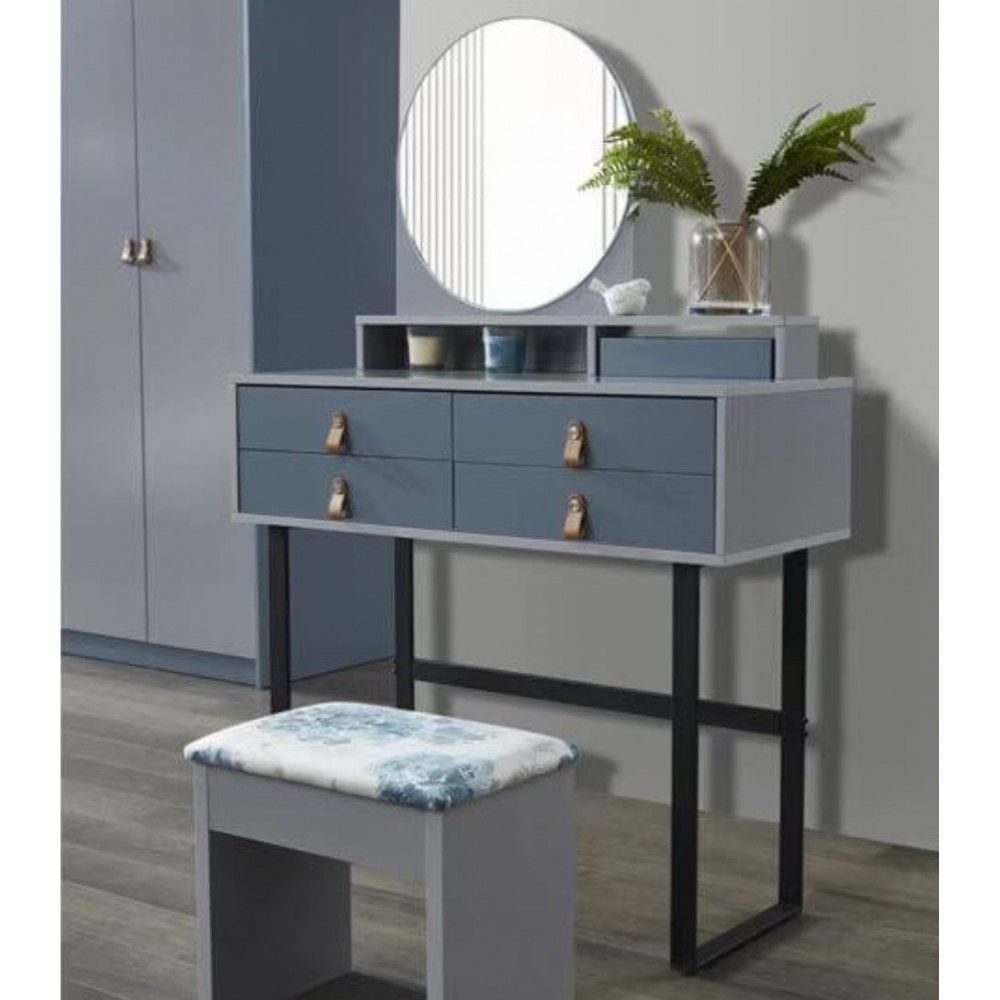 Ensemble coiffeuse tabouret design contemporain multi-rangement 4 tiroirs 4  étagères grand miroir aspect chêne clair blanc