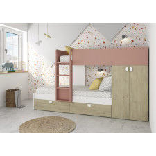 LIT SUPERPOSE + RANGEMENT ASSEMBLE 1811.11.41.0201 ROSE EFFET BOIS 90X190CM
