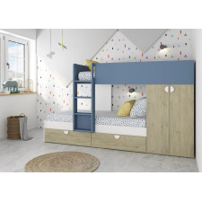 LIT SUPERPOSE + RANGEMENT ASSEMBLE 1811.11.40.0201 BLEU ET EFFET BOIS 90X190CM